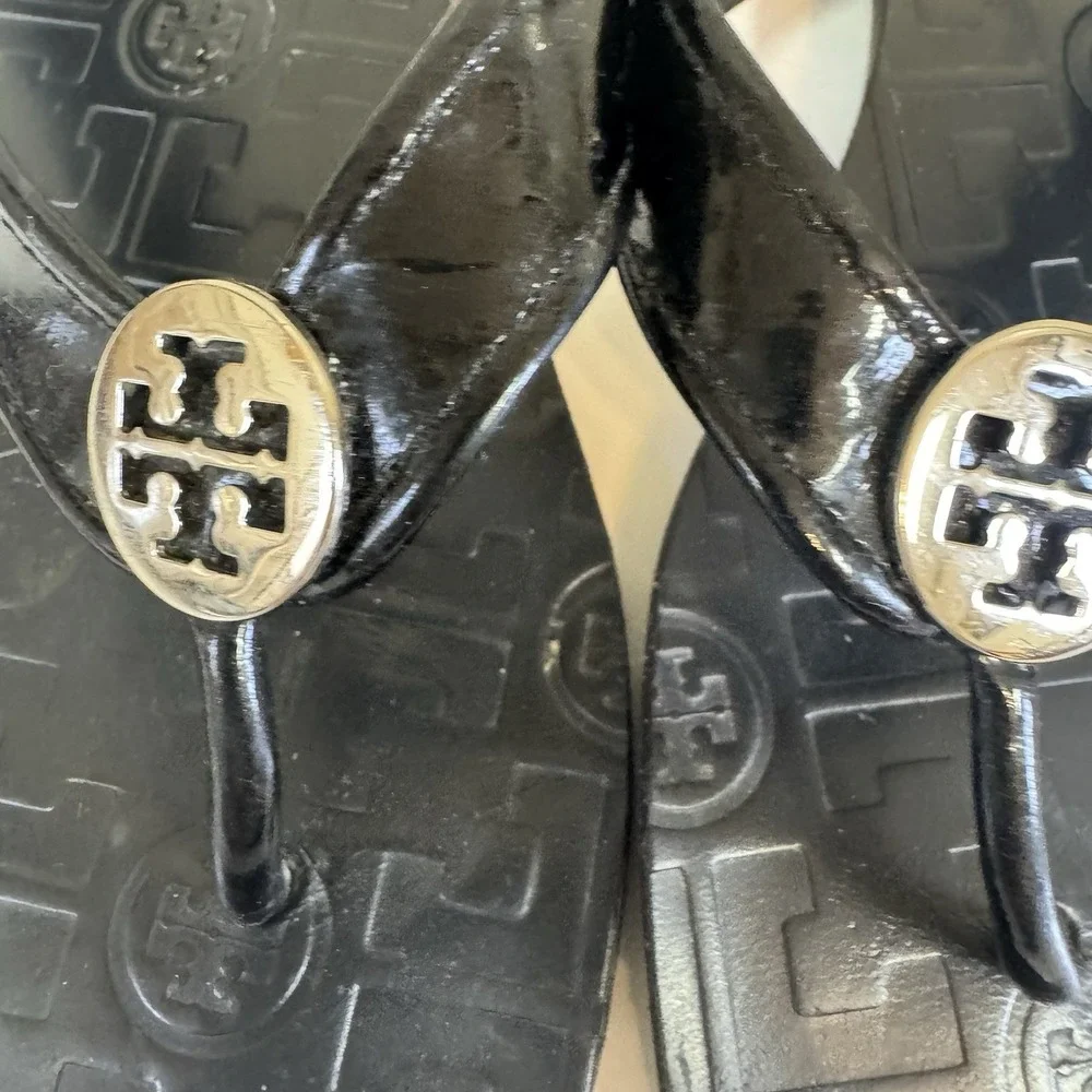 Tory Burch Flip Flop Sandals Women's Size 10M Thora Shoes Black Patent Summer
